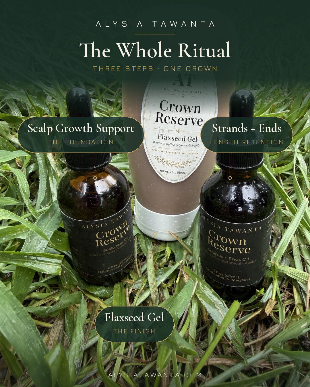 The Whole Ritual by Crown Reserve: three steps one crown - Scalp Growth Support the foundation, Strands + Ends for length retention, Flaxseed Gel the finish, by Alysia Tawanta
