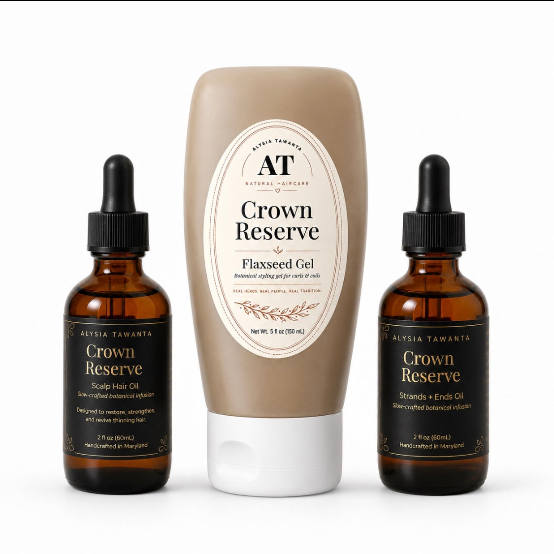 Crown Reserve Wash Day Trio with Scalp Oil, Flaxseed Gel, and Strands and Ends Oil, a complete natural hair wash day routine